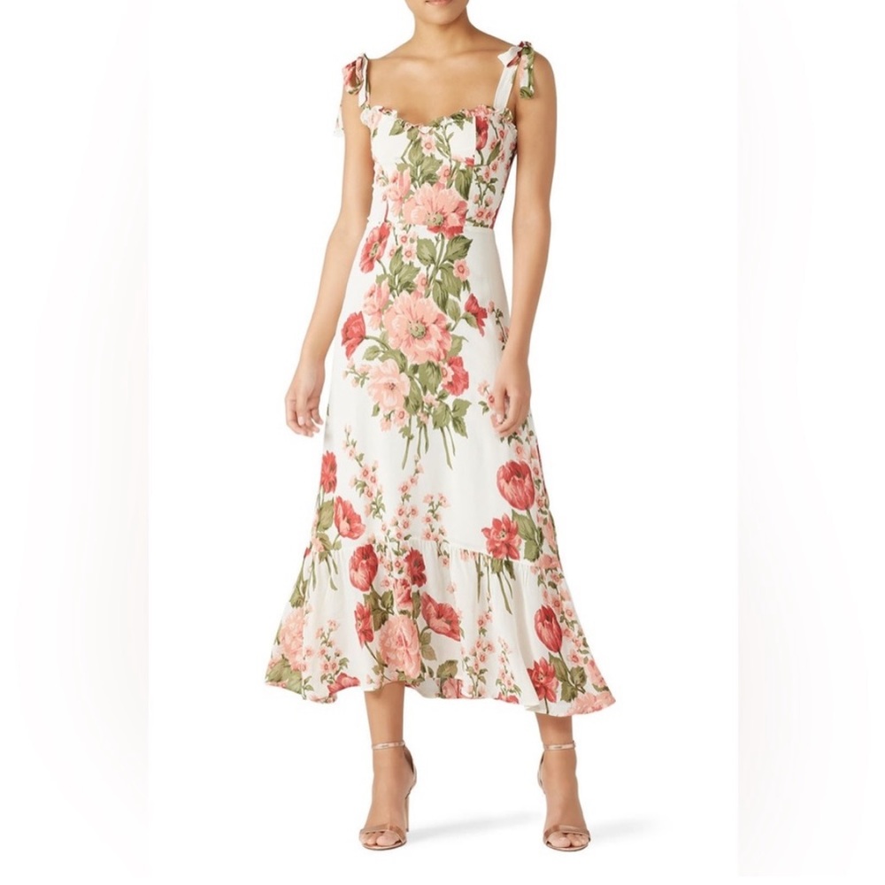 Reformation White Floral Midi Dress with Pink & Green Bouquet Print